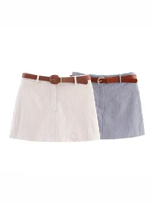 Women's Striped Belted Skirt Pants High Waist 1478223