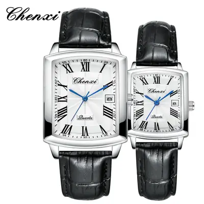 Chenxi Couple Square Watch Set Black Leather Belt