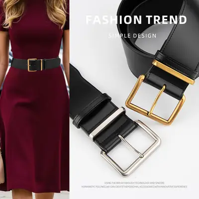 Women's Black Genuine Leather Belt with Gold & Silver Buckle
