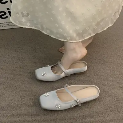 French High-End Mary Jane Slippers Women Black Floral