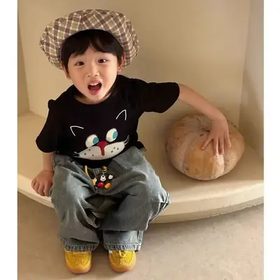 Kids Cartoon Cat Print Cotton T-Shirt Black Summer