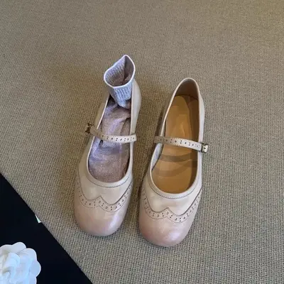 Women Mary Jane Flat Leather Shoes Spring Summer New Round Toe