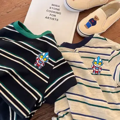 Boys 100 Cotton Cartoon Striped T-Shirt Black