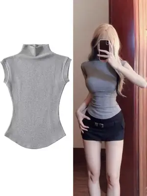 Half Turtleneck Right Shoulder Short-Sleeved T-Shirt for Women Summer 2025 New Tight-Fitting Slimming Look Unique Super Nice Single Wear Short Top