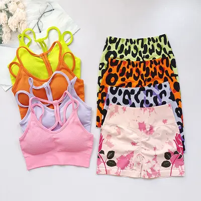 Fitness Suit with Thin Straps and Beautiful Back for Women Running Yoga Sports Bra Peach Butt Lift Leopard Print Three-Point Shorts