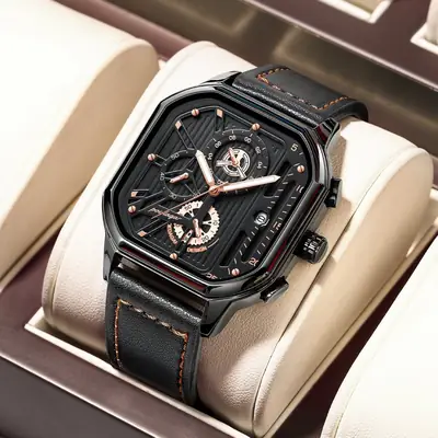 Men's Black Quartz Watch with Skeleton Design