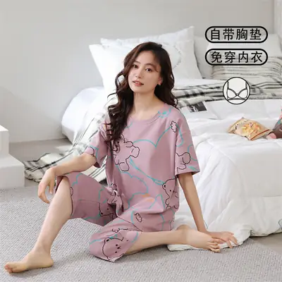 Women's Summer Short-Sleeved Pajamas with Breast Pads, Thin Cropped Pants, Cute Home Clothes Two-Piece Suit, Korean Style Loose Large Size
