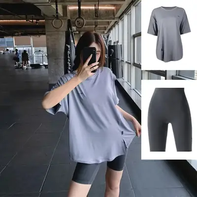 Yoga Wear Plus Size Fitness Wear Summer Short-Sleeved Loose Fat Girl Mid-Length Hip-Covering Outdoor Sports Running Suit