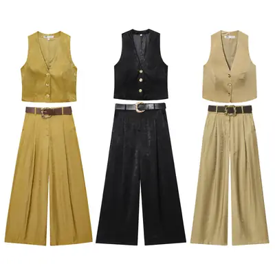 Black Gold Button Silk Top Belt with Wide Leg Pants