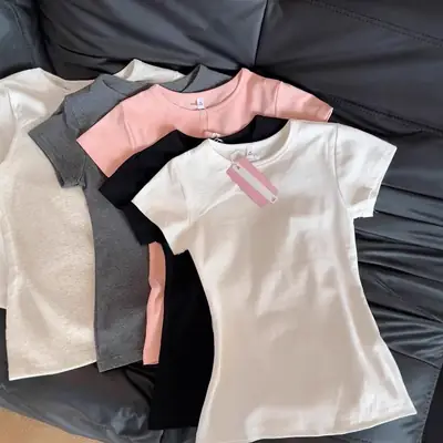 American-Style Short-Sleeved T-Shirt for Girls, Summer Slim Fit, Multi-Color, 2026 New Korean Style, Slimming Inner Wear, Waist-Cinching Tight Top