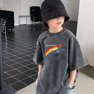 Cross-Border Boys T-Shirt Grey Rainbow Print