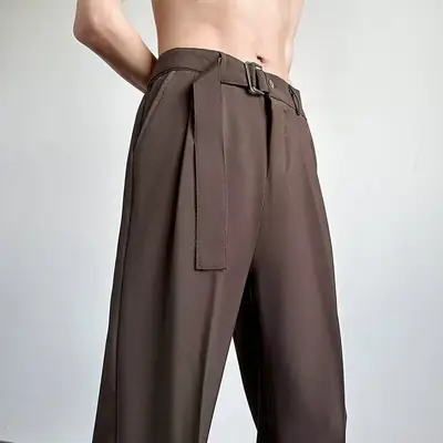 Black Ice Silk Belted Pants for Men