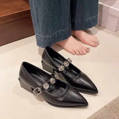 French-Style Pointed Mary Jane Women's Shoes 2025 New Model with Skirt, Shallow Mouth, Single Strap, Metal Buckle, Commuter Elegant Shoes