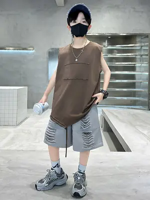 Summer Boys Sleeveless Vest Shorts Suit Brown Grey Kids