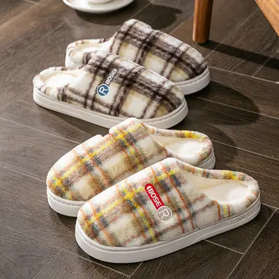 Women's Brown Cotton Warm Slippers with Button Decor