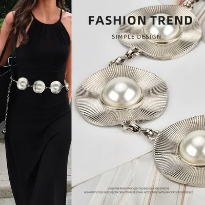 Korean Pearl Inlaid Metal Waist Chain for Women
