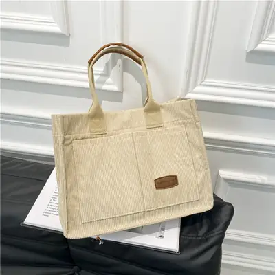 Beige Canvas College Student Tote Bag Large Capacity