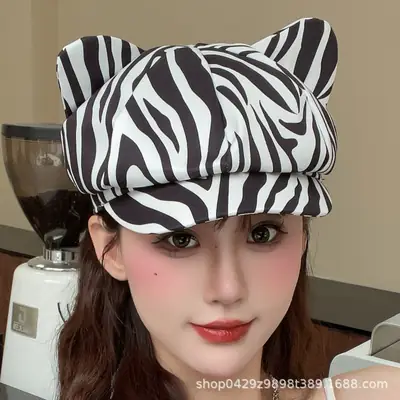 Women Zebra Print Cat Ear Cap Korean Style