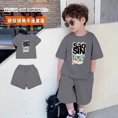 Boys 100% Cotton Summer Suit Grey Short Sleeve T-Shirt Shorts