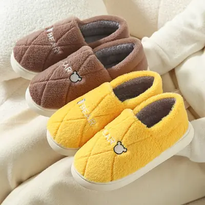 Autumn and Winter Indoor Home Thick-Soled Warm Non-Slip Furry Cotton Shoes Slippers with Bear Head Design for Home Leisure