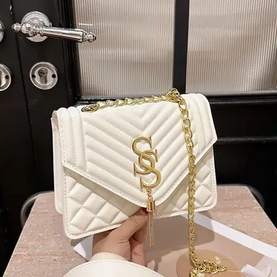 White Quilted SSS Chain Shoulder Bag for Women