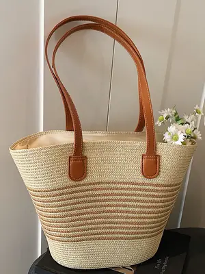 Women's Straw Crossbody Bag with Leather Handles