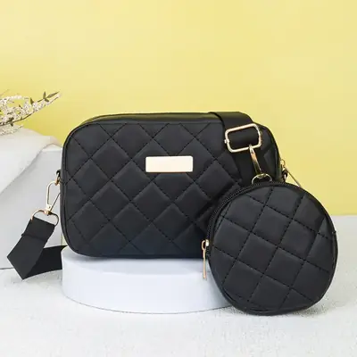 Black Quilted Crossbody Bag with Small Camera Bag Set