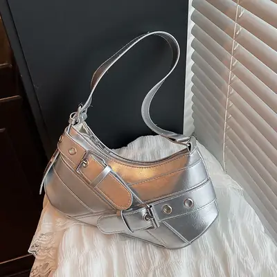 2025 Women's Silver Leather Shoulder Bag with Crossbody Strap