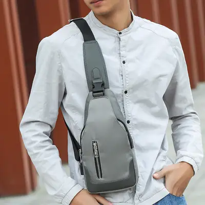 USB Men's Crossbody Bag Grey Lightweight Multi-Functional