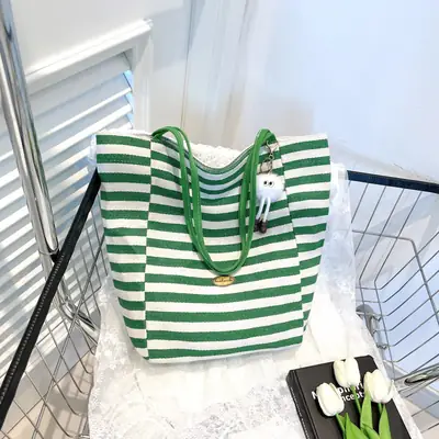 Green Striped One-Shoulder Casual Tote Bag