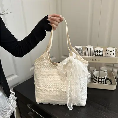 Women Lace Shoulder Bag Cream Large Capacity Summer Fashion