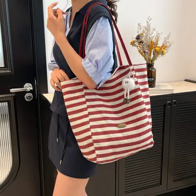 Striped Canvas Tote Bag 2025 Korean Style Large Capacity