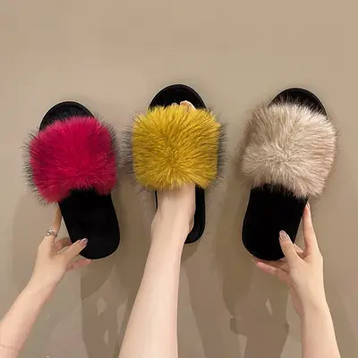 New Foreign Trade Colorful Mink Fur Slippers, Large Fur Fashion Cotton Slippers, Winter Warm Home Slippers for Women