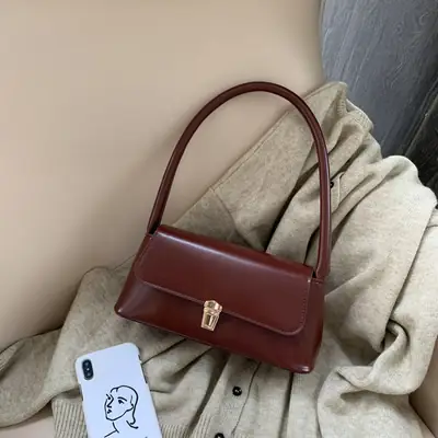 Women's Brown Leather Shoulder Bag with Gold Clasp