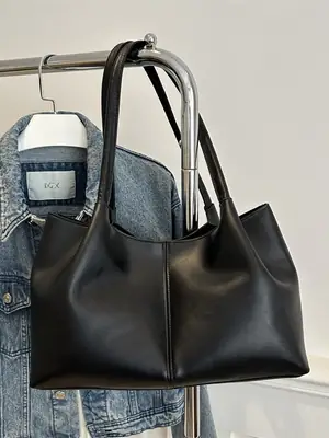 Black Leather Tote Bag Large Capacity Daily Commute