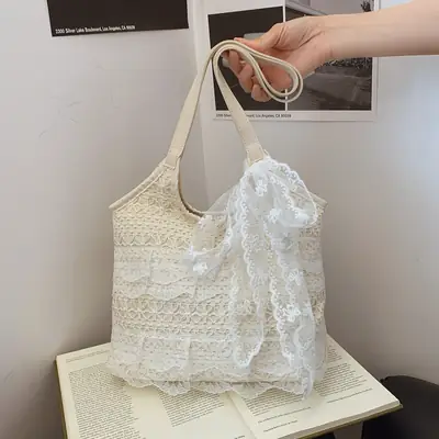Women's White Lace Shoulder Tote Bag Large Capacity