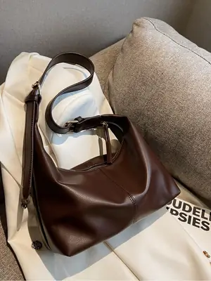 Brown Leather Shoulder Bag with Metal Handle