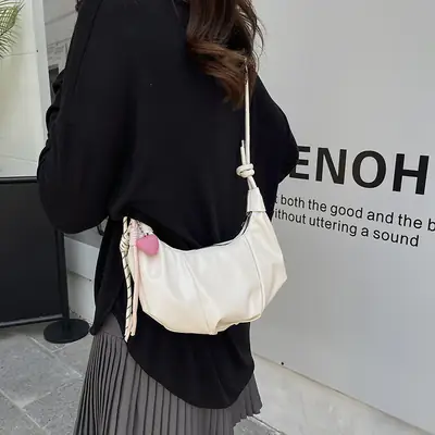 Women's White Crossbody Bag with Pink Embroidery
