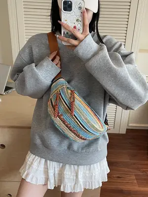 Women Crossbody Bag Gray Striped Embroidered 2025