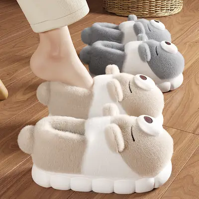 Cute Bear Cotton Slippers for Women in Autumn and Winter Cartoon All-Inclusive and Outer Wear Thick-Soled Warm Couple Outer Wear Cotton Shoes for All Seasons