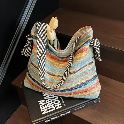 Multi Color Straw Shoulder Bag Large Capacity