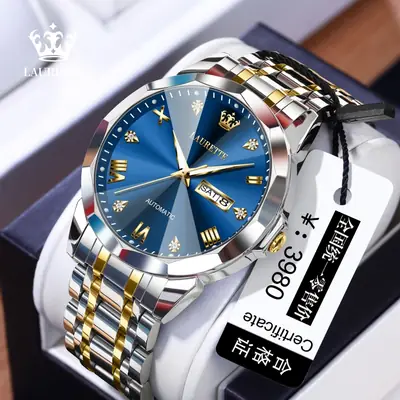 Laurit Fake Mechanical Watch Men Blue Gold Dual Calendar