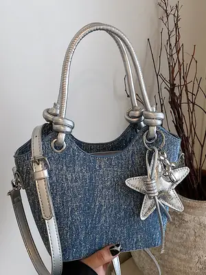 Blue Denim Bucket Bag with Star Charm