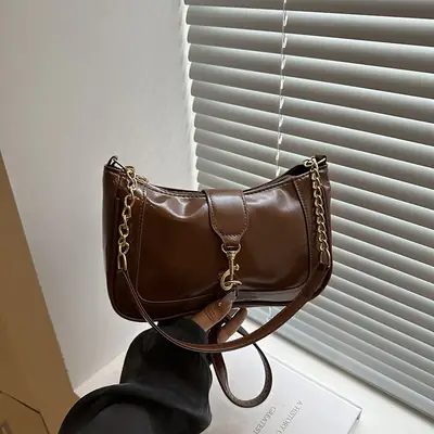 Brown Leather Shoulder Bag with Chain Strap 2025