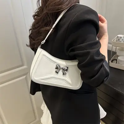White Bow Shoulder Bag with French Texture