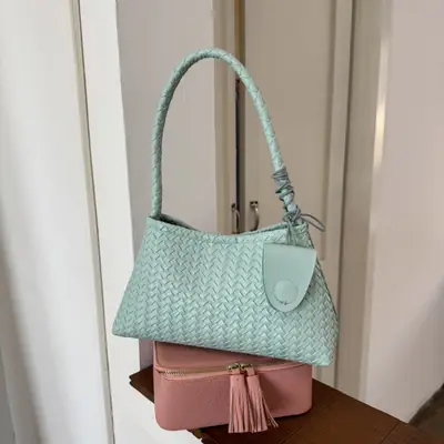 Light Blue Woven Shoulder Tote Bag for Women