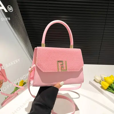 Pink Square Handbag with Gold Embroidery