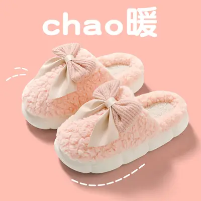 Winter Cute Cartoon Bow Cotton Slippers for Girls Home Indoor Non-Slip Soft Bottom Warm Confinement Slippers Wholesale