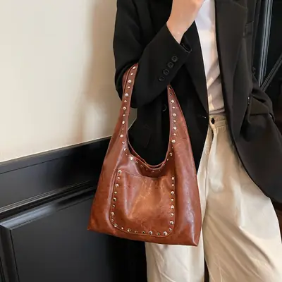 Retro Rivet Leather Shoulder Bag for Women