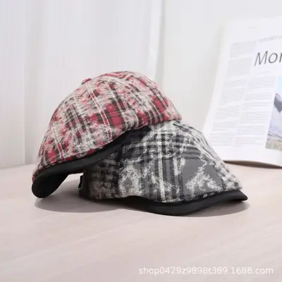 Korean Plaid Tie-Dye Hats for Women Large Circumference